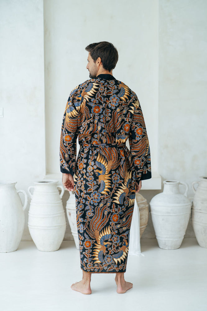 Navy Men's Full Length Batik Robe