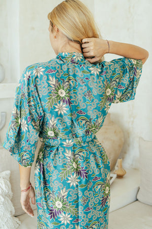 Silk Long Robe, Kimono Robe in Turquoise, Wear The World