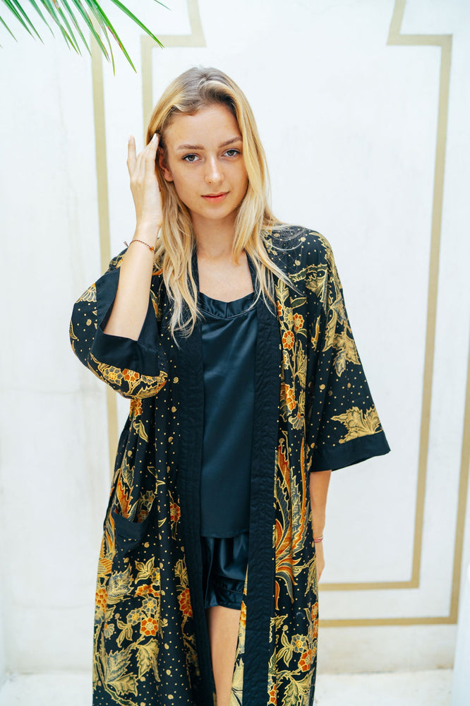 Batik Kimono Robe | Black and Gold Kimono Robe | Wear the World