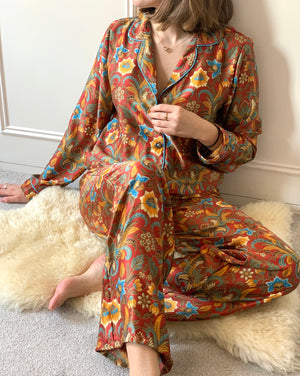 Women's Satin Pajamas Set, Terracotta Long Pyjama Set, Wear The World